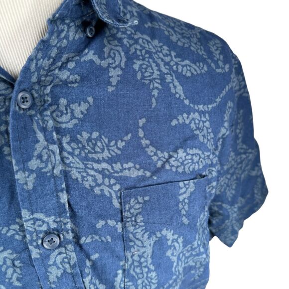 Onia Shirt Men’s Large Blue Linen Blend Leaf Print Floral Button Short Sleeve - Picture 2 of 9